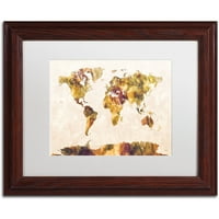 סימן מסחרי אמנות מפת עולם בצבעי מים ציור אמנות קנבס מאת מייקל טומפסט, לבן מט, מסגרת עץ