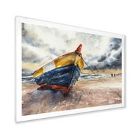 עיצוב 'סירת עץ' בחופי הבלטיים בהדפס אמנות ימי ומוסגר בחוף