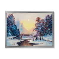 עיצוב אמנות 'נוף מכוסה שלג וגשר קטן' הדפס אמנות ממוסגר מסורתי