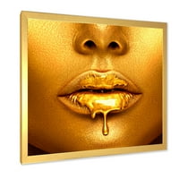 עיצוב אמנות 'צבע זהב מטפטף משפתיים של בחורה סקסית' הדפס אמנות ממוסגר מודרני