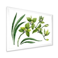 עיצוב 'פרחי סחלב ירוקים על לבן' הדפס אמנות ממוסגר מסורתי