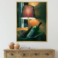 אמנות עיצוב 'מנורה זוהרת כתומה בלילה ובקבוקי יין' הדפסת אמנות קיר בד ממוסגרת מודרנית